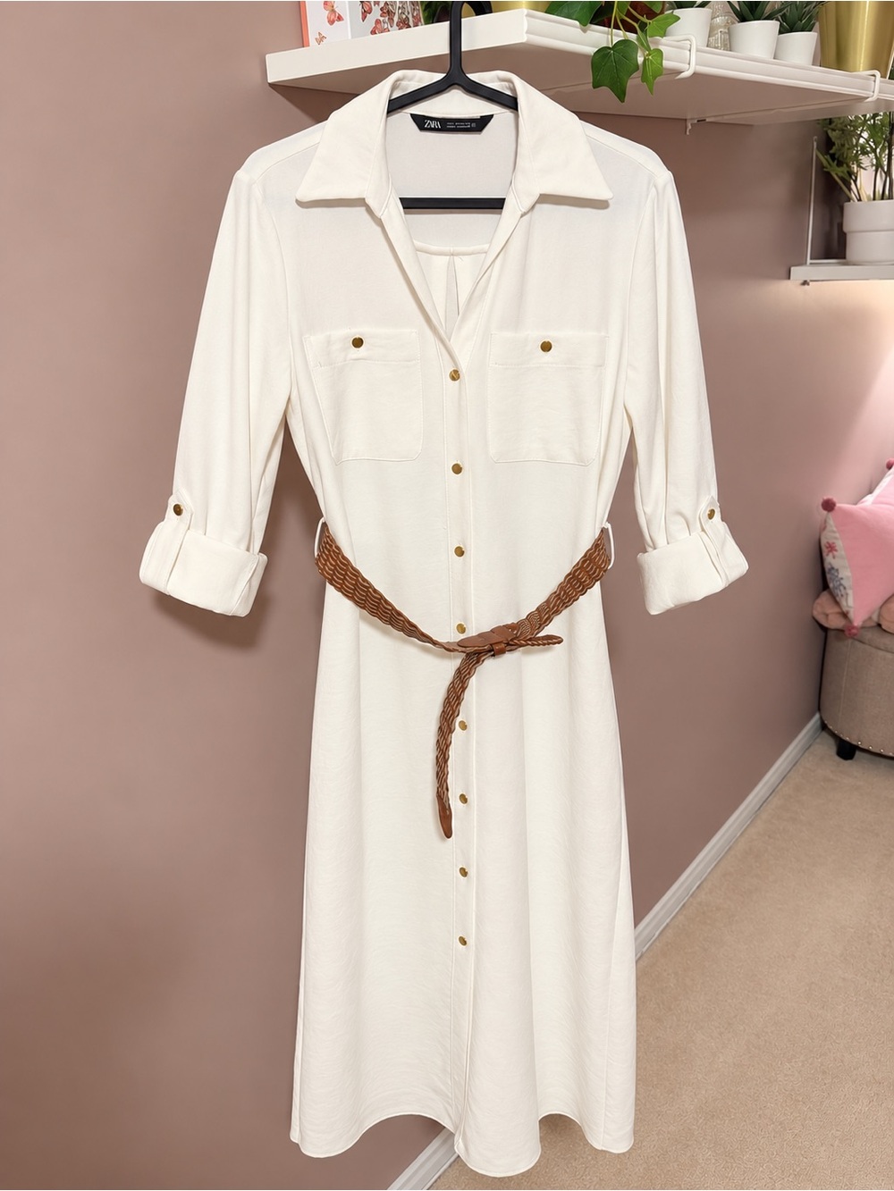 Zara Cream Midi Shirt Dress with Braided Brown Belt